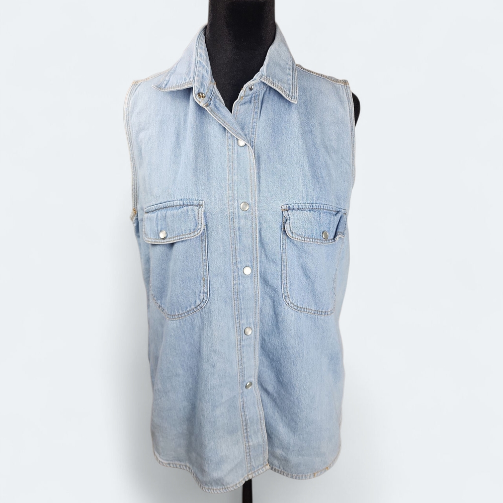 FORENZA | Vintage 90s Y2K Blue Denim Cotton Sleeveless Top Pearl Snaps‎ | Large